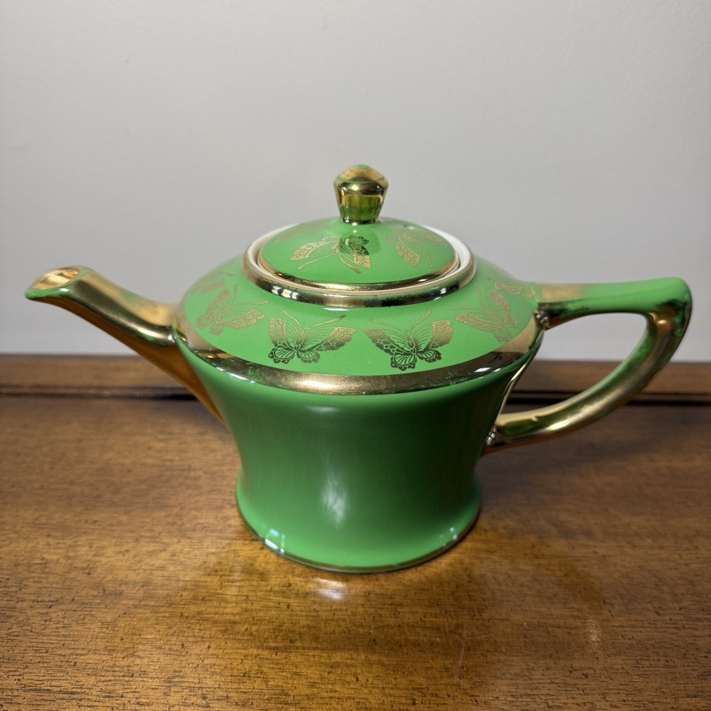 Vintage Hall Teapot,~Green & Gold Butterflies ~6 Cup~Model 0152S